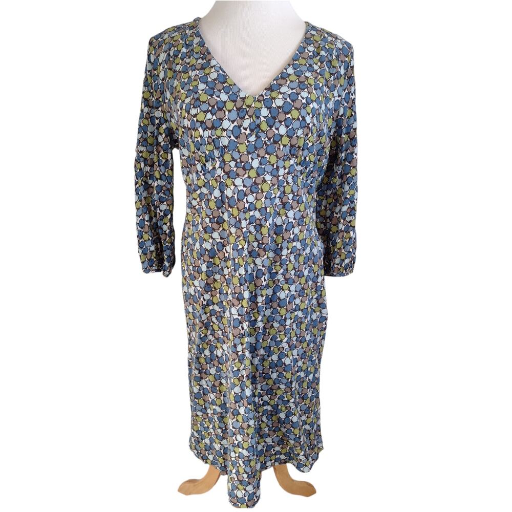 Boden Geometric Print Green Blue White Midi Dress Size 12R 3/4 Sleeve